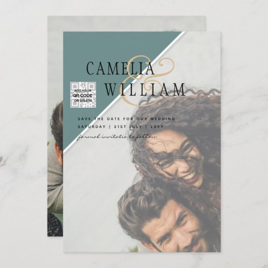 Moderne Fotohuwelijksuitnodiging QR-code RSVP Groe Kaart (Voorkant / Achterkant)