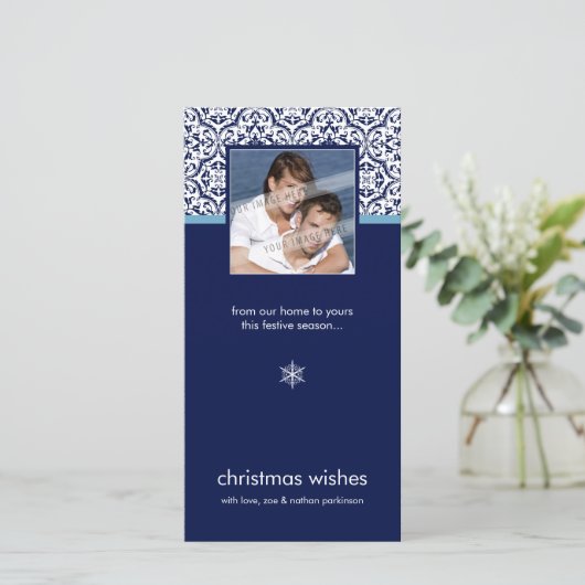 MODERNE FOTOKAART:: eenvoudig damask 3 Feestdagenkaart (Staand voorkant)