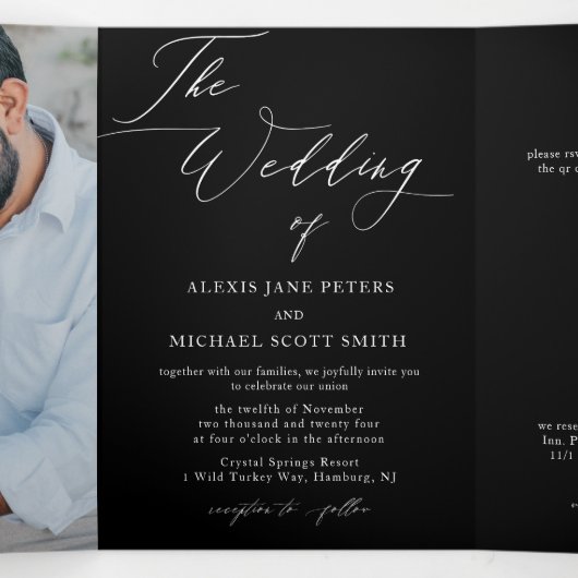 Moderne fotokalligrafie All-in-One bruiloft uitnod Drieluik Programma (Binnenkant midden)