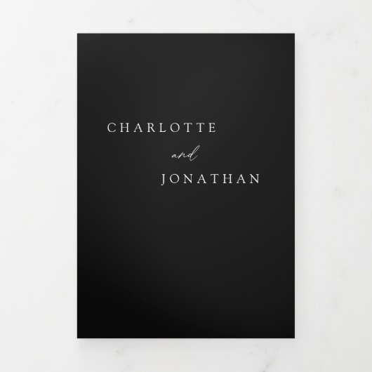 Moderne fotokalligrafie Alles in één zwarte bruilo Drieluik Uitnodiging (Cover)