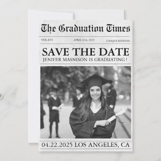 Moderne fotokrant Afstuderen opslaan van de datum Save The Date (Voorkant)