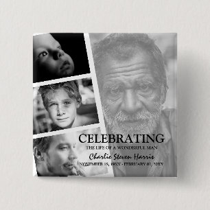 Moderne fotolevensverhaalcollage rouwceremonie vierkante button 5,1 cm