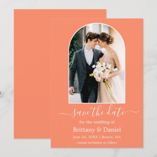 Moderne fotolijst boog koraal save the date (Voorkant / Achterkant)