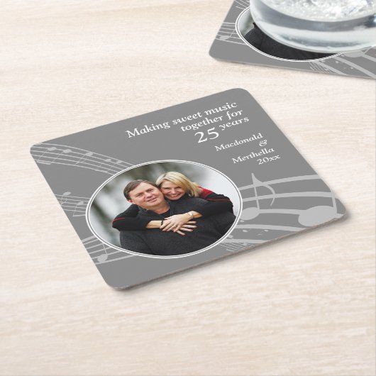Moderne Fotomuziek 25e Zilveren bruiloft Jubileum Kartonnen Onderzetters (Schuin)