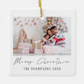 Moderne fotonaam Jaar Script Vrolijk Kerstfeest Keramisch Ornament (Voorkant)