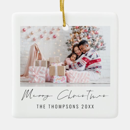 Moderne fotonaam Jaar Script Vrolijk Kerstfeest Keramisch Ornament (Voorkant)