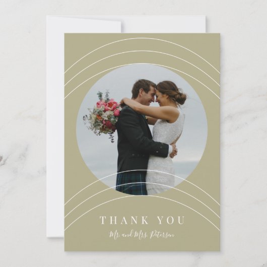 Moderne fotonamen script sage green bruiloft bedankkaart (Voorkant)