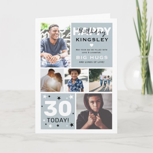 Moderne fotorooster & tekst verjaardagskaart kaart (Voorkant)