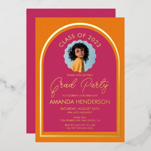 Moderne fotoroze en Oranje Afstuderen Folie Uitnodiging (Voorkant / Achterkant)