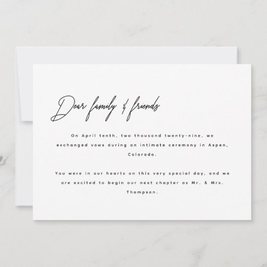 Moderne fotoscript 'Just Married' bruiloft Aankondiging (Achterkant)