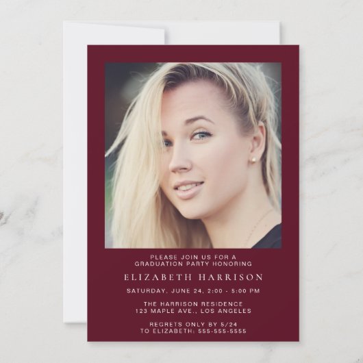 Moderne fotoscriptie Burgundy Graduparty Kaart (Achterkant)