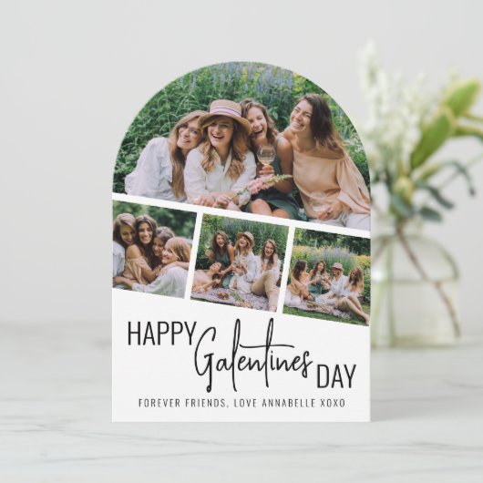 Moderne Fotostrip Collage Arched Galentines Day Kaart (Staand voorkant)