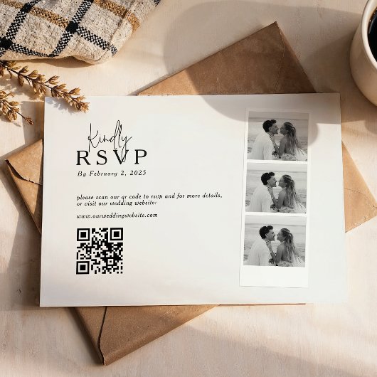 Moderne Fotostrip Collage QR-code Huwelijk RSVP Kaartje