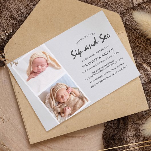 Moderne fotostrip collage | Sip & see | Nieuwe bab Kaart