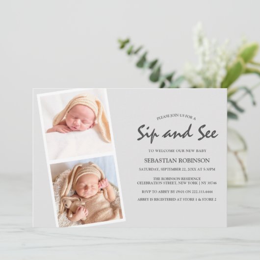 Moderne fotostrip collage | Sip & see | Nieuwe bab Kaart (Staand voorkant)