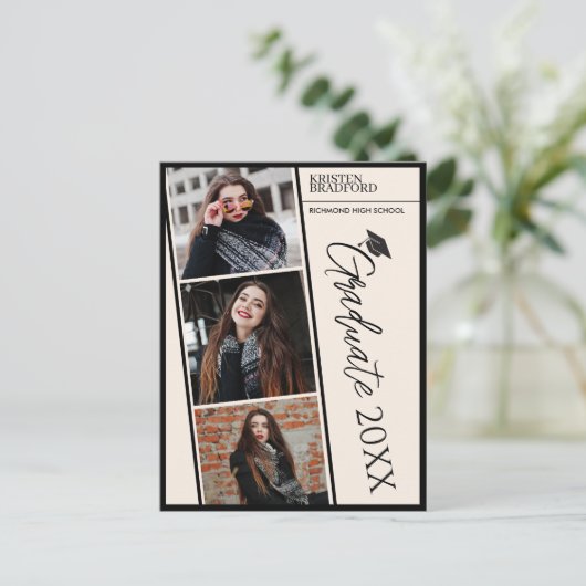 Moderne fotostrips Beige Afstuderen Aankondiging Briefkaart (Staand voorkant)
