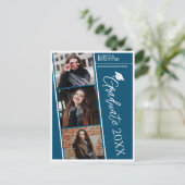 Moderne fotostrips blauw Afstuderen aankondiging Briefkaart (Staand voorkant)