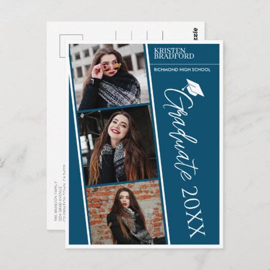 Moderne fotostrips blauw Afstuderen aankondiging Briefkaart (Voorkant / Achterkant)