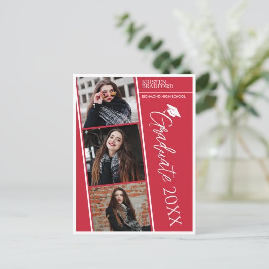 Moderne fotostrips rood Afstuderen aankondiging Briefkaart (Staand voorkant)