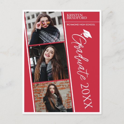 Moderne fotostrips rood Afstuderen aankondiging Briefkaart (Voorkant)