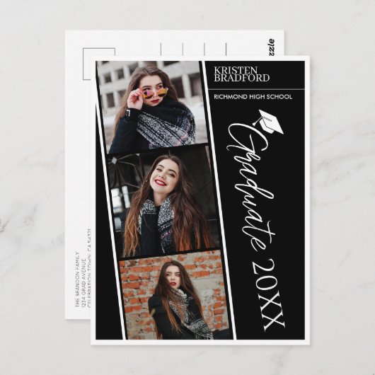 Moderne fotostrips Zwart Afstuderen Aankondiging Briefkaart (Voorkant / Achterkant)