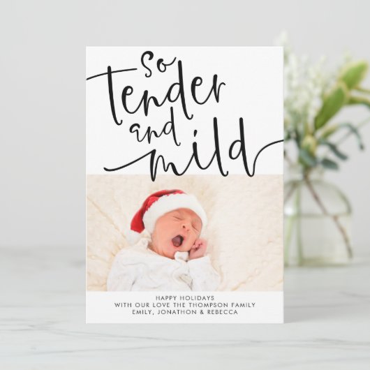 Moderne Fototeder en Mild Zwart Script Wit Feestdagenkaart (Staand voorkant)