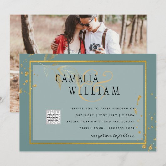 Moderne Fototrouwkaart QR-code RSVP Groen (Voorkant / Achterkant)