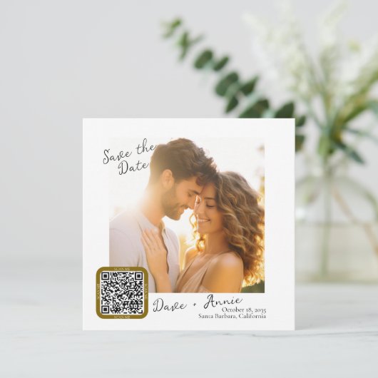 Moderne fotovierkant met QR-code Save The Date (Staand voorkant)