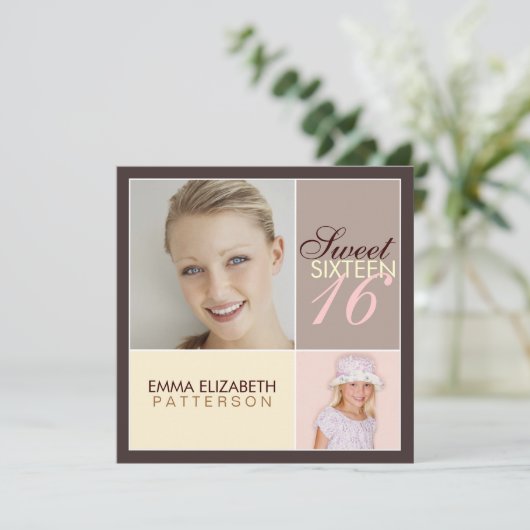 Moderne fotovierkant Sweet Sixteen Birthday Party Kaart (Staand voorkant)