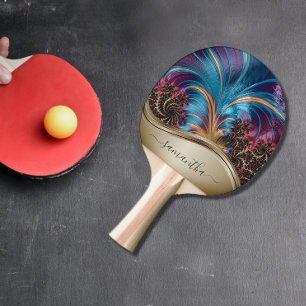 Moderne Fractal Blauw Gouden Handgeschreven Naam Tafeltennisbatje
