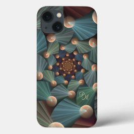 Moderne Fractal Bruine Kunst, Lei, Blauw Monogram iPhone 13 Hoesje