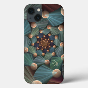 Moderne Fractal Bruine Kunst, Lei, Blauw Monogram iPhone 13 Hoesje