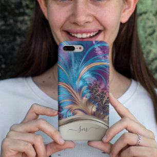 Moderne Fractale Blauwe Gouden Handgeschreven Mono iPhone 12 Hoesje