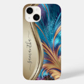 Moderne Fractale Blauwe Gouden Handgeschreven Naam Case-Mate iPhone Case (Achterkant)