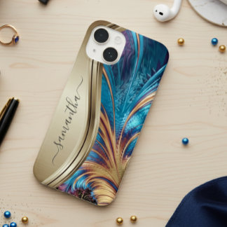 Moderne Fractale Blauwe Gouden Handgeschreven Naam Case-Mate iPhone 14 Hoesje