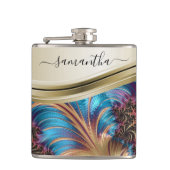 Moderne Fractale Blauwe Gouden Handgeschreven Naam Heupfles (Voorkant)