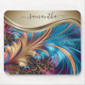 Moderne Fractale Blauwe Gouden Handgeschreven Naam Muismat (Voorkant)