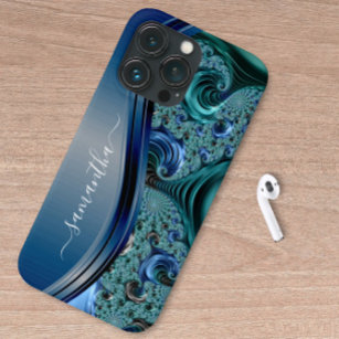 Moderne fractale blauwe handgeschreven naam Case-Mate iPhone case