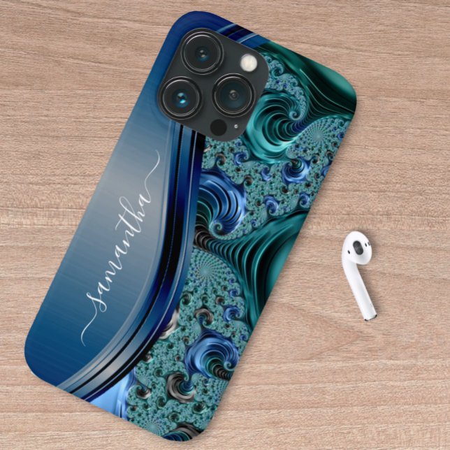 Moderne fractale blauwe handgeschreven naam Case-Mate iPhone hoesje