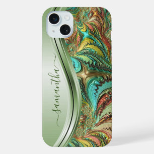 Moderne Fractale Groene Handgeschreven Naam iPhone 15 Plus Case