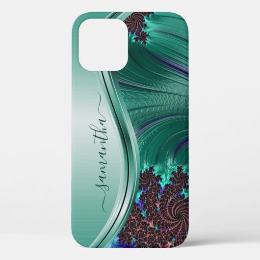 Moderne Fractale Turquoise Handgeschreven Naam Case-Mate iPhone Case (Achterkant)