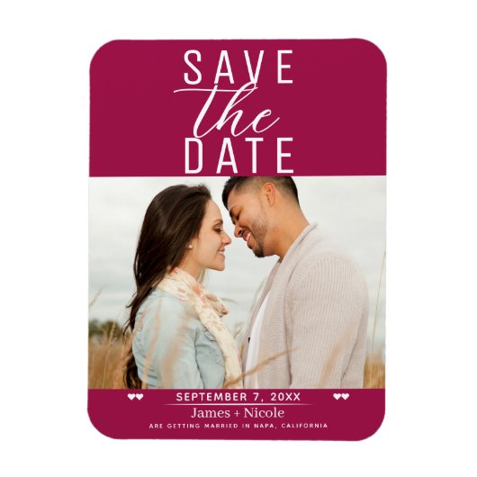 Moderne framboos Save the Date trouwfoto Magneet (Verticaal)