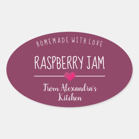 Moderne frambozenjam paarse homemade met liefde ovale sticker (Voorkant)