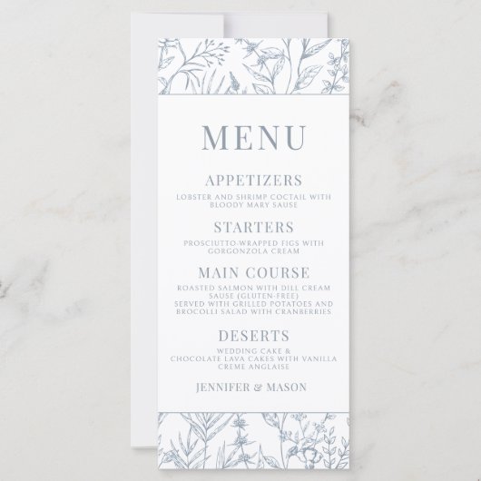 Moderne Franse blauwe bloemenbruiloft menukaarten (Voorkant)