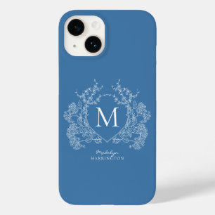 Moderne Franse Blauwe Bloemenkam Monogram Case-Mate iPhone 14 Hoesje