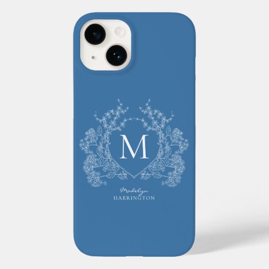 Moderne Franse Blauwe Bloemenkam Monogram Case-Mate iPhone Case (Achterkant)