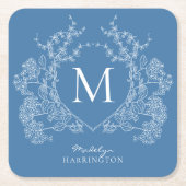 Moderne Franse Blauwe Bloemenkam Monogram Kartonnen Onderzetters (Voorkant)