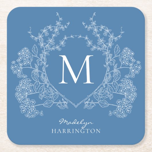 Moderne Franse Blauwe Bloemenkam Monogram Kartonnen Onderzetters (Voorkant)