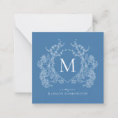 Moderne Franse Blauwe Bloemenkam Monogram Notitiekaartje (Voorkant)