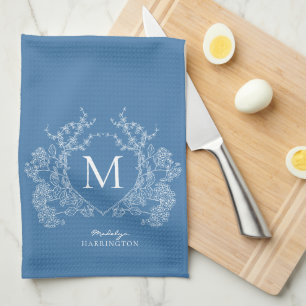 Moderne Franse Blauwe Bloemenkam Monogram Theedoek